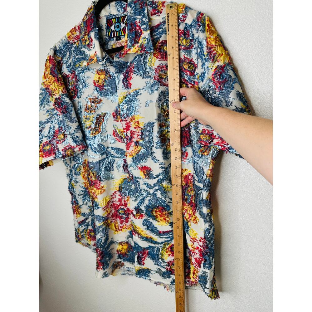 Libertine Cream Red Blue Gold Metallic Embroidered Button  Short Sleeve Shirt L - Picture 11 of 12